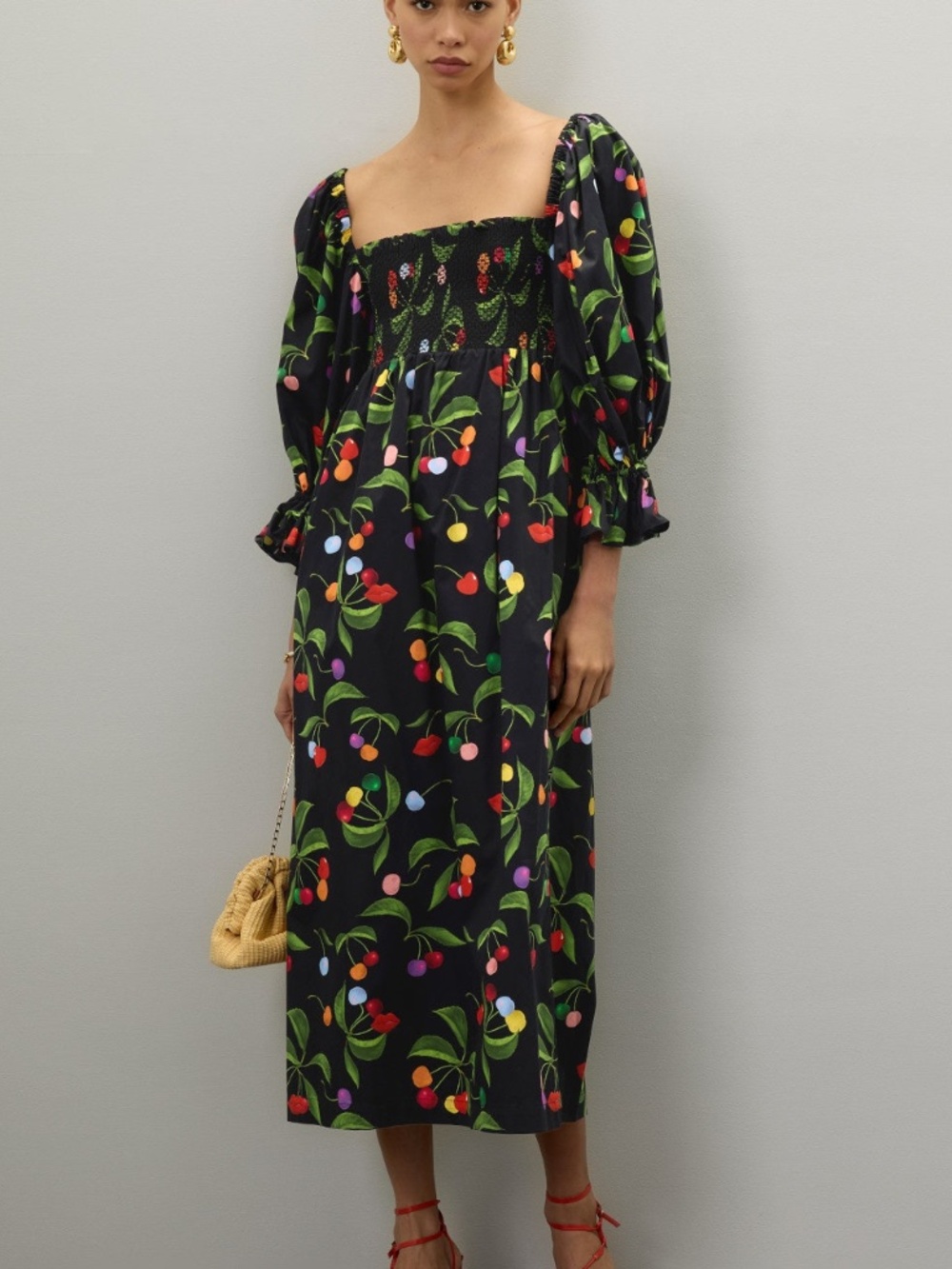 Borgo De Nor VIONA Black Midi Dress Cherry Lip Fruit Print - UK 8 = US 4